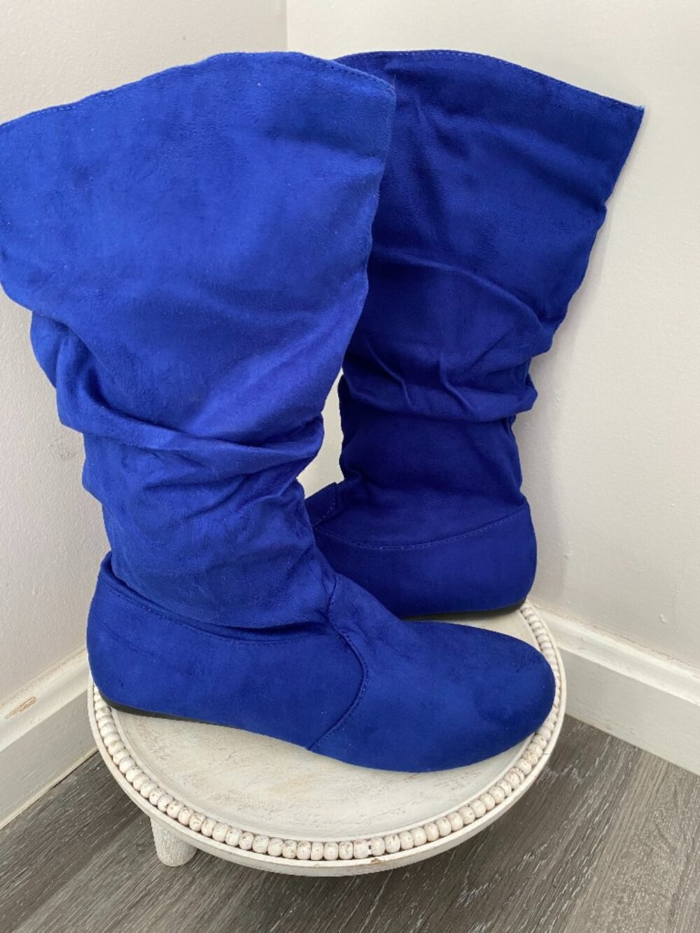 Royal Blue Mid-Calf Suede Slouch Boots